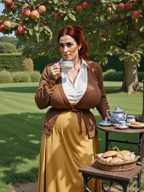 Photorealistic, close-up high angle picture of Margaret sitting under an apple tree with ripe apples. drinking tea. Camera focuses on her head and upper body. A small table set in the garden with a blue and white porcelain tea set and a small basket of sco...