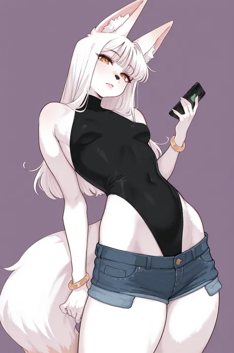 1 anthro fox woman, bangs, fox ears, fox tail, white fur skin, small breasts, black highlegs leotard, denim shorts, bracelets, look at viewer, simple background, leaning back grid, cell phone 