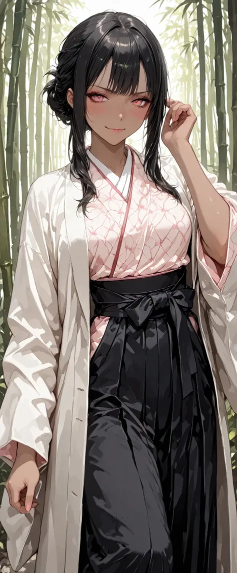 In the misty bamboo forest、A dark-skinned woman is standing calmly in a foggy bamboo forest. long, Frizzy black hair. She is wearing a traditional and practical samurai costume — a black hakama and、a kimono that fits her body with a delicate pattern,  brok...