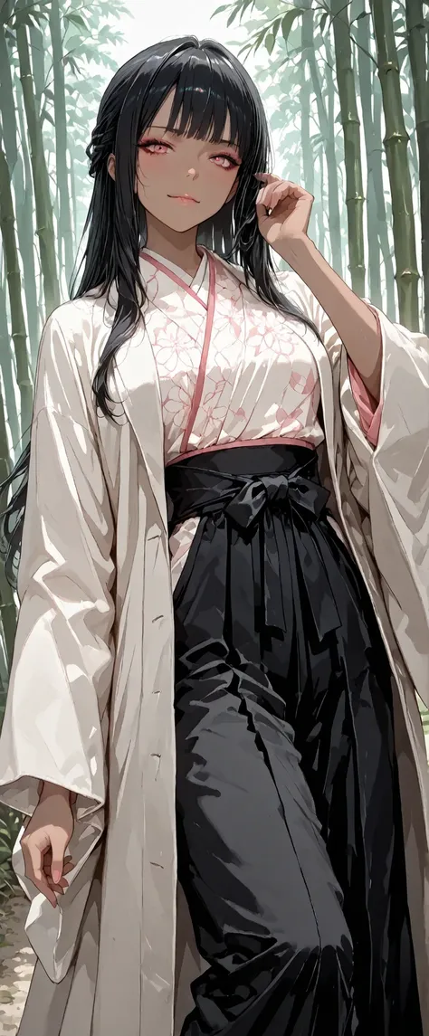 In the misty bamboo forest、A dark-skinned woman is standing calmly in a foggy bamboo forest. long, Frizzy black hair. She is wearing a traditional and practical samurai costume — a black hakama and、a kimono that fits her body with a delicate pattern,  brok...