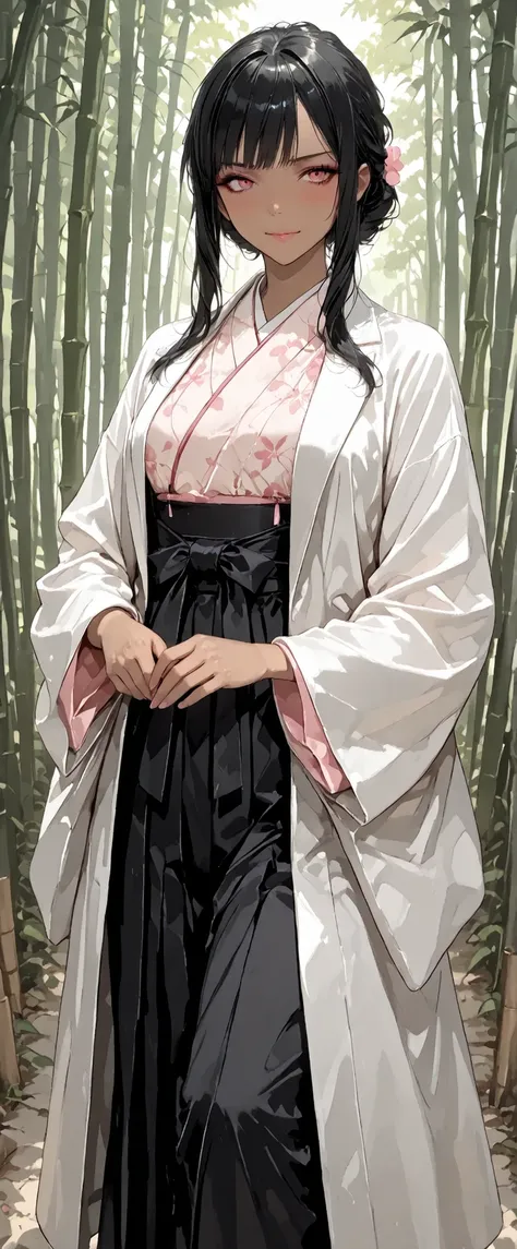 In the misty bamboo forest、A dark-skinned woman is standing calmly in a foggy bamboo forest. long, Frizzy black hair. She is wearing a traditional and practical samurai costume — a black hakama and、a kimono that fits her body with a delicate pattern,  brok...