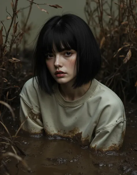 detailed portrait, artistic composition, withered, old, bob haircut, murky vegetation, mud, sludge, stuck, detailed portrait of young kinky girl, sweatshirt, artistic composition, withered, old, bob haircut, murky vegetation, mud, sludge, stuck, high quali...