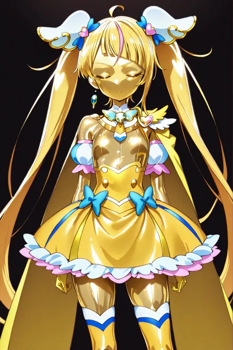 Cure Sky, masterpiece, AND ORAL SEX, Newest, very high resolution, closed eyes, yellow hair, yellow sclera, closed mouth, No students, Yellow skin, glossy skin, metal skin, Black eyebrows, Slanted eyebrows, 1girl, solo, cowboy shot, standing, dynamic on ...