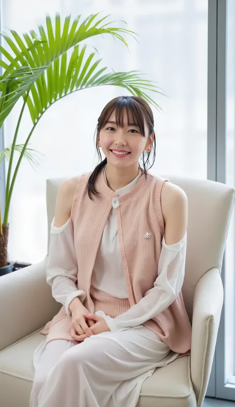 in office。 Aragaki Yui。The soles of her feet are facing in front of the camera。I'm taking a picture of her from below sitting on a chair and crossing her legs 。She's wearing a Pichi Pichi skirt、 stockings on my feet。I'm pointing the back of my foot at the ...