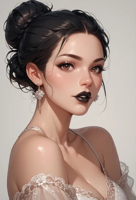 ((Perfect Face, Black Hair Bun, Brown Eyes, Black Thick Lips, Female Beautiful))