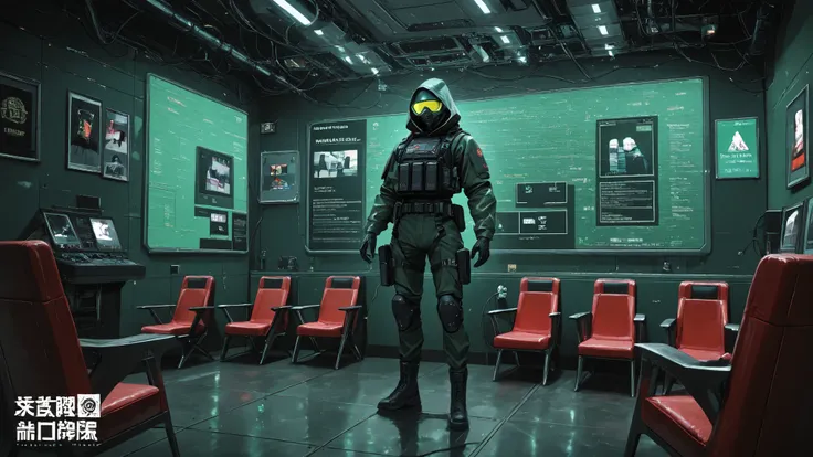 Trinity matrix smoking weed in black glasses on red chair in white sterille room , kanji green matrix code out of handy decoder Hdr 1.0 ", digital rain,high quality, RAW photo, ultra-detailed, perfect tech noir, reinforced combat hood with digital patterns...