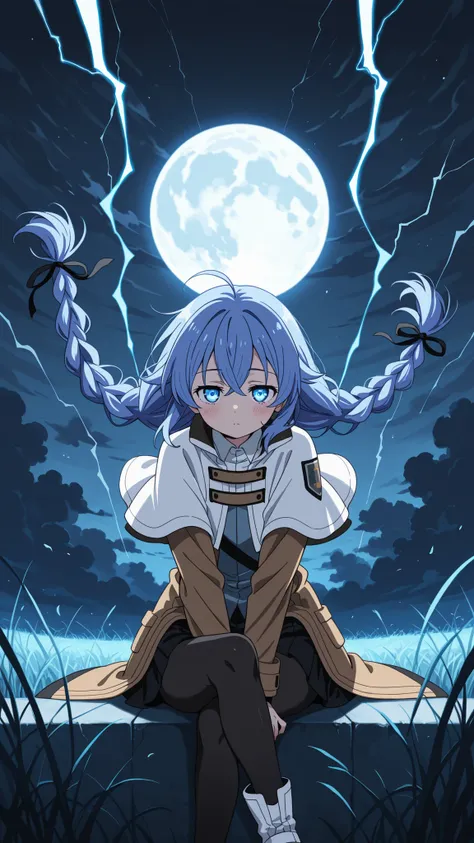 BREAK (masterpiece:1.2), best quality, high resolution, unity 8k wallpaper, (illustration:0.8), (beautiful detailed eyes:1.6),wide open field under a massive glowing full moon, dark swirling storm clouds in the sky, tall grass bending in strong wind, tensi...