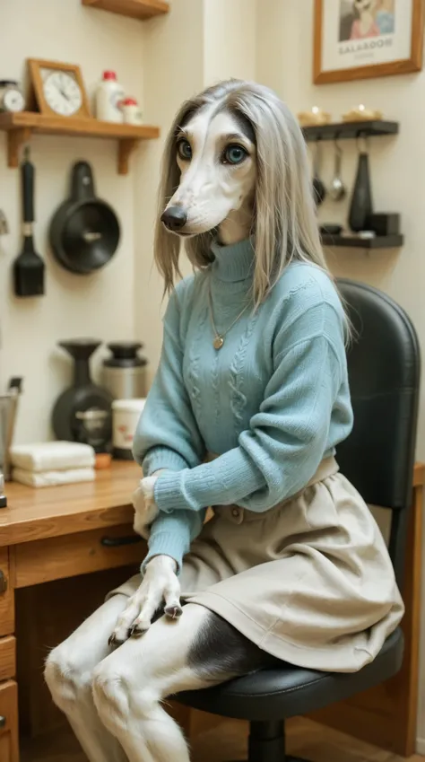 a happy saluki sitting in a barber's chair. Set in a Hair Salon barbershop. saluki, sighthound, light blue eyes, black fur, paws, sweater blouse, cute skirt, silver locket