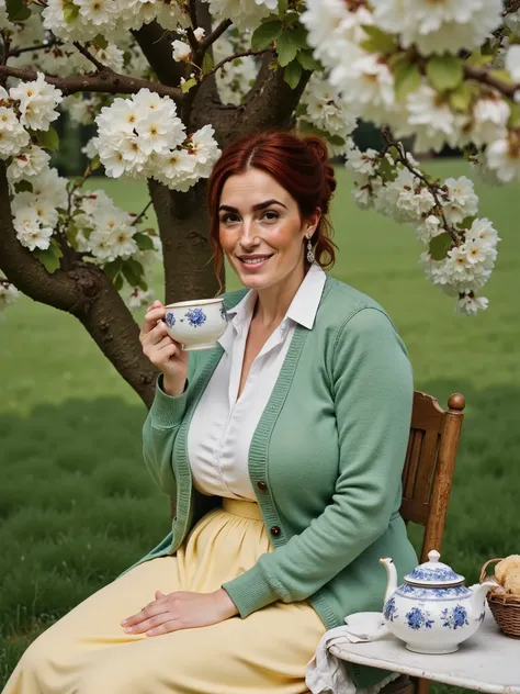 Photorealistic, close-up high angle picture of Margaret sitting under a blossoming apple tree and drinking tea. Camera focuses on her head and upper body. A small table set in the garden with a blue and white porcelain tea set and a small basket of scones....