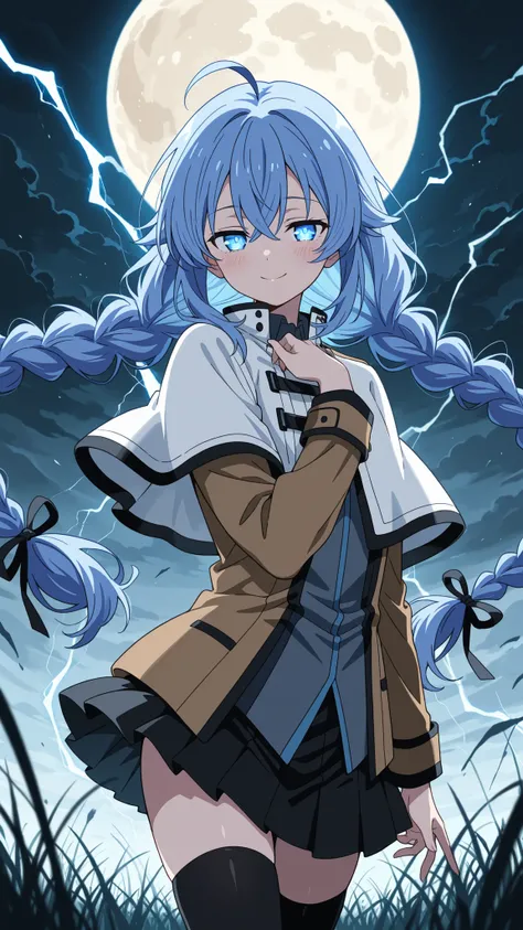 BREAK (masterpiece:1.2), best quality, high resolution, unity 8k wallpaper, (illustration:0.8), (beautiful detailed eyes:1.6),wide open field under a massive glowing full moon, dark swirling storm clouds in the sky, tall grass bending in strong wind, tensi...