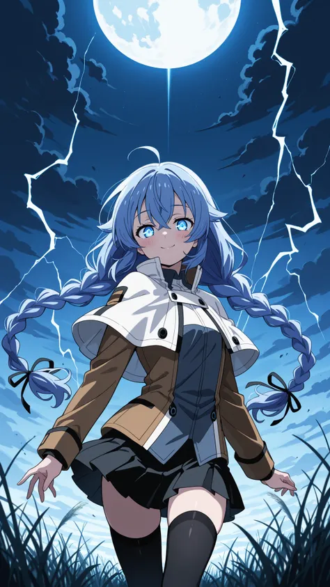 BREAK (masterpiece:1.2), best quality, high resolution, unity 8k wallpaper, (illustration:0.8), (beautiful detailed eyes:1.6),wide open field under a massive glowing full moon, dark swirling storm clouds in the sky, tall grass bending in strong wind, tensi...