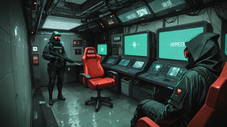 Trinity matrix smoking weed in black glasses on red chair in white sterille room , kanji green matrix code out of handy decoder Hdr 1.0 ", digital rain,high quality, RAW photo, ultra-detailed, perfect tech noir, reinforced combat hood with digital patterns...