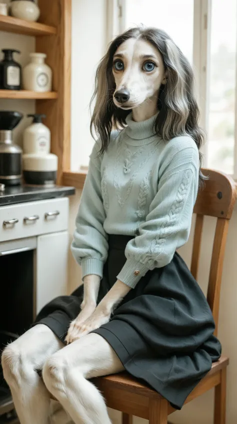 a young girl sitting in a barber's chair. Set in a Hair Salon barbershop. saluki, sighthound, light blue eyes, black fur, paws, sweater blouse, cute skirt, silver locket