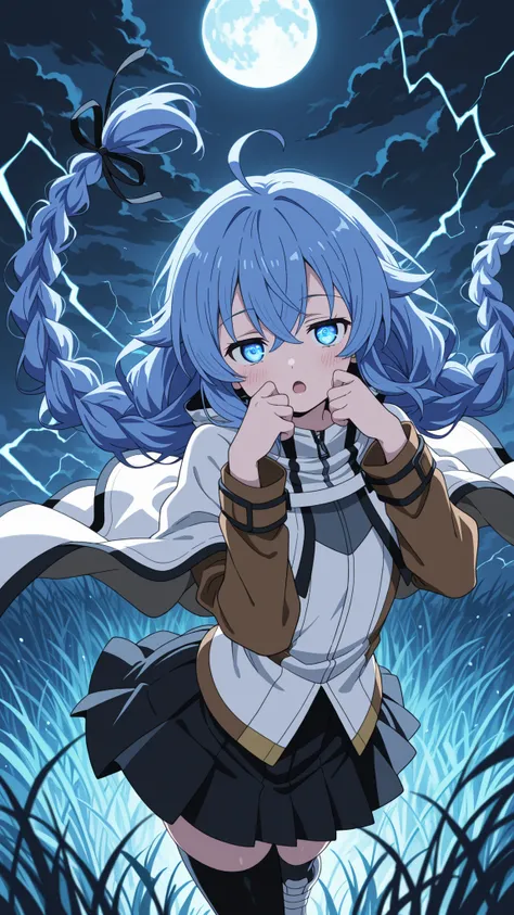 BREAK (masterpiece:1.2), best quality, high resolution, unity 8k wallpaper, (illustration:0.8), (beautiful detailed eyes:1.6),wide open field under a massive glowing full moon, dark swirling storm clouds in the sky, tall grass bending in strong wind, tensi...