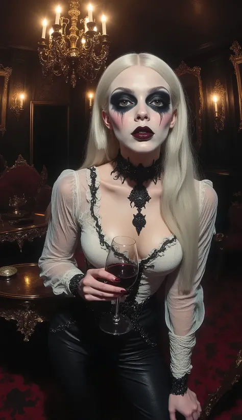 A stunning, elegant vampire woman seen through a fisheye lens perspective. She stands in a dimly lit, gothic-style salon, leaning slightly forward toward the viewer with piercing eye contact. Her long, wavy white hair frames her pale, ethereal face. She we...