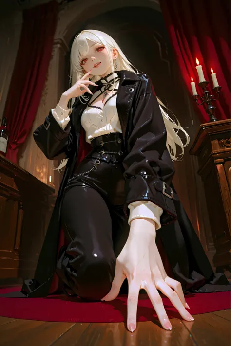 Fisheye lens POV — the viewer is observing from below or close-up perspective.
A stunning vampire woman with pale skin and long, wavy white hair is held in the arms of a tall, handsome male vampire  with a trimmed beard and long black leather coat. She wea...