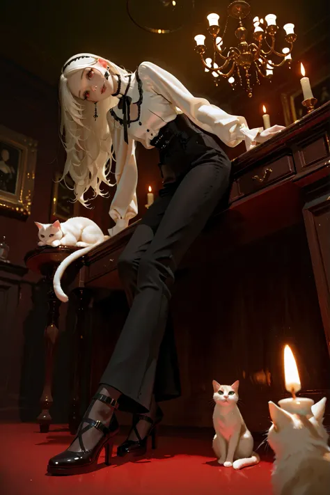 ((low angle)) A stunning, elegant vampire woman seen through a fisheye lens perspective. She stands in a dimly lit, gothic-style salon, leaning slightly forward toward the viewer with piercing eye contact. Her long, wavy white hair frames her pale, etherea...