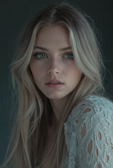 Portrait d'une belle femme slave, peau de porcelaine claire avec des nuances froides, visage en forme de diamant, haut les pommettes, yeux bleu clair avec de longs cils, cheveux raides blond cendré en vagues lâches, lèvres roses pleines, sourcils foncés et...