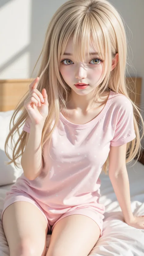 masterpiece, top quality, girls, pajamas, Polka dot pattern, cute, summer, bed, sitting、Sunshine, anime style, high resolution, Super Detailed、Yawning、 Awaken、Raise the Extend one hand a lot big breasts belly button だらしないpajamas tousled hair