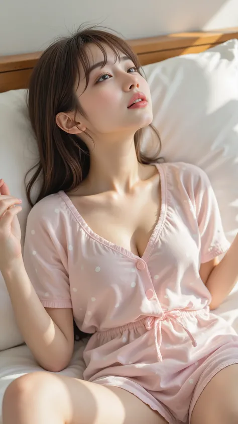 masterpiece, top quality, girls, pajamas, Polka dot pattern, cute, summer, bed, sitting、Sunshine, anime style, high resolution, Super Detailed、Yawning、 Awaken、Raise the Extend one hand a lot big breasts belly button だらしないpajamas tousled hair