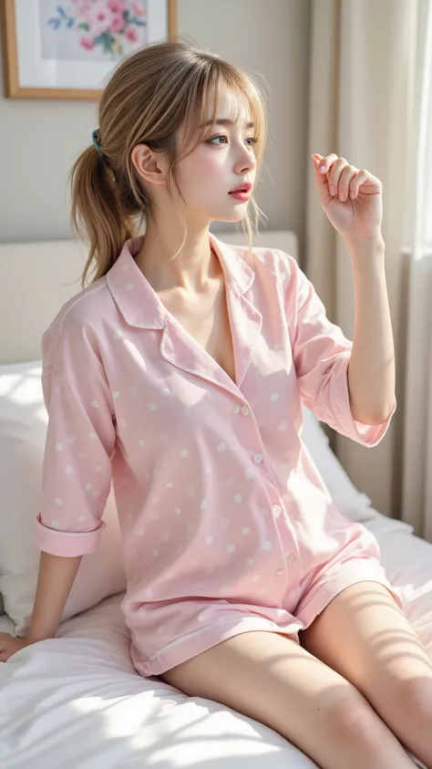 masterpiece, top quality, girls, pajamas, Polka dot pattern, cute, summer, bed, sitting、Sunshine, anime style, high resolution, Super Detailed、Yawning、 Awaken、Raise the Extend one hand a lot big breasts belly button だらしないpajamas tousled hair