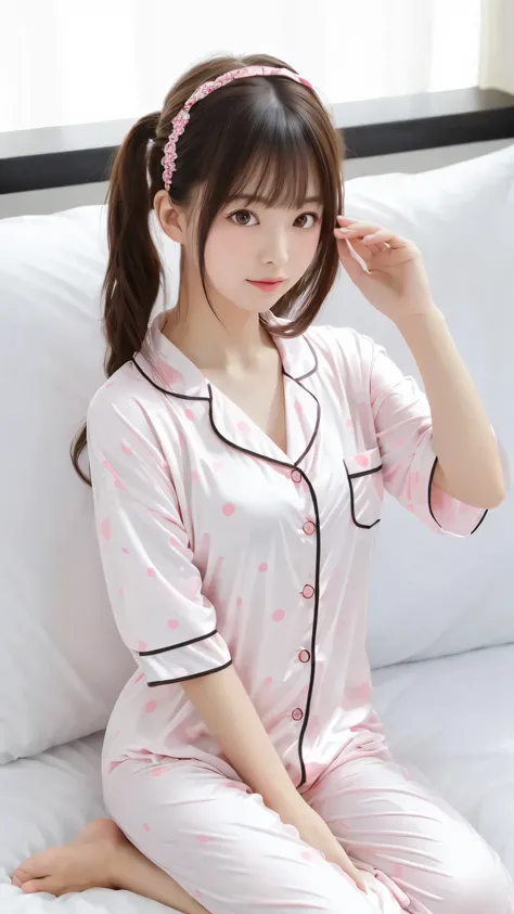 masterpiece, top quality, girls, (tight nylon pajamas), Polka dot pattern, cute, summer, bed, Sunshine, anime style, high resolution, Super Detailed、Sleepy face、((Messy Hairstyle))