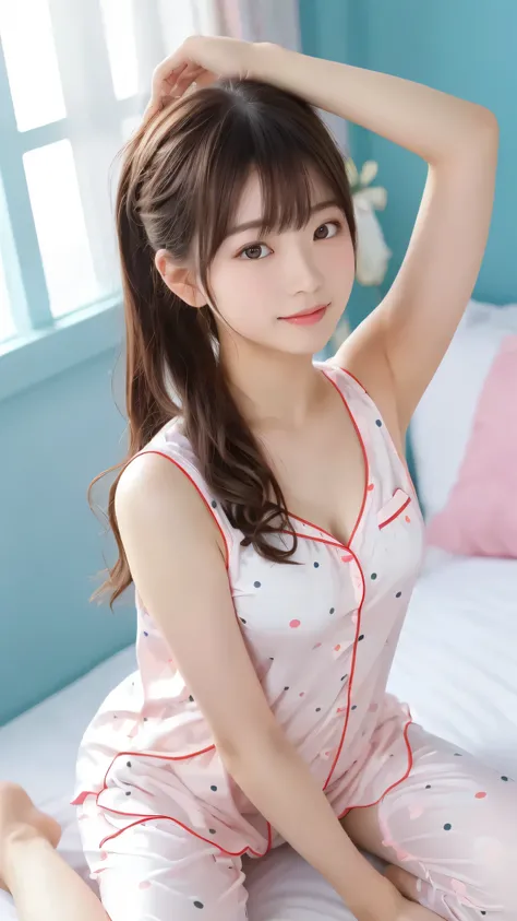 masterpiece, top quality, girls, (tight nylon pajamas), Polka dot pattern, cute, summer, bed, Sunshine, anime style, high resolution, Super Detailed、Sleepy face、((Messy Hairstyle))