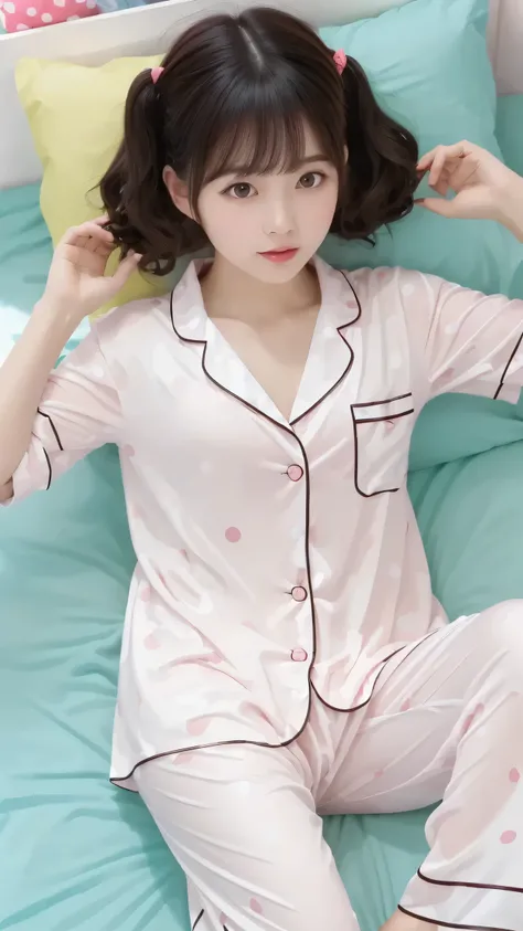 masterpiece, top quality, girls, (tight nylon pajamas), Polka dot pattern, cute, summer, bed, Sunshine, anime style, high resolution, Super Detailed、Sleepy face、((Messy Hairstyle))