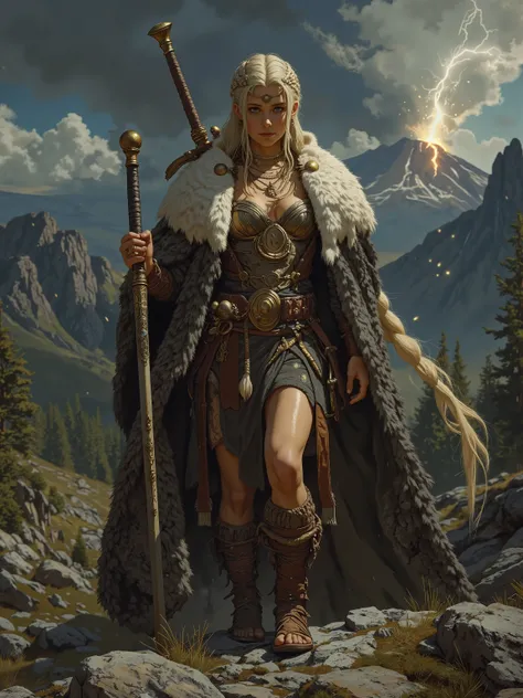 masterpiece, 8k, Frank Frazetta art, digital art, semi-realism, (frontal view: 1.2), full body, gorgeous Viking shieldmaiden, blonde Viking Shieldmaiden hair with several rows braided into a long flowing pony tail, huge gray and white fur-trimmed cloak, ca...