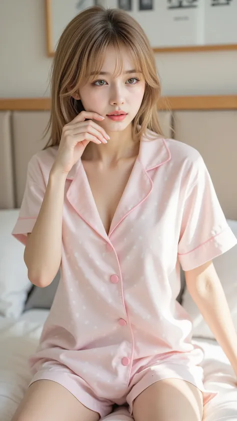 masterpiece, top quality, girls, pajamas, Polka dot pattern, cute, summer, bed, sitting、Sunshine, anime style, high resolution, Super Detailed、Yawning、 Awaken、Raise the Extend one hand a lot big breasts belly button だらしないpajamas tousled hair