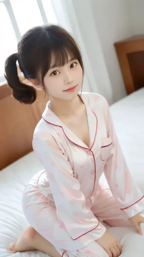 masterpiece, top quality, girls, (tight nylon pajamas), Polka dot pattern, cute, summer, bed, Sunshine, anime style, high resolution, Super Detailed、Sleepy face、((Messy Hairstyle))、(Detailed Handshake:1.3, Perfectly Right Hands:1.3), (detailed feet:1.3, pe...