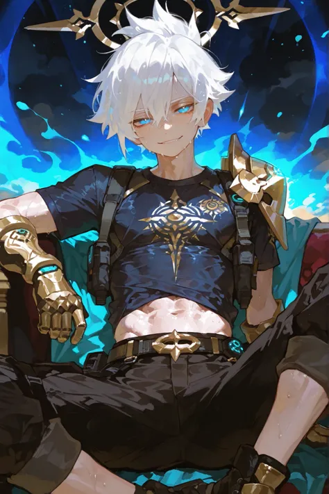 
1boy focus. young latino boy toned  white freckles 15 year old boy who is lean muscular body big manly chest , soft glowing fair dark  skin, white hair  messy spikey fade huge hairstyle fringe hair  sticking to forehead. big sparkling dark blue eyes , wea...