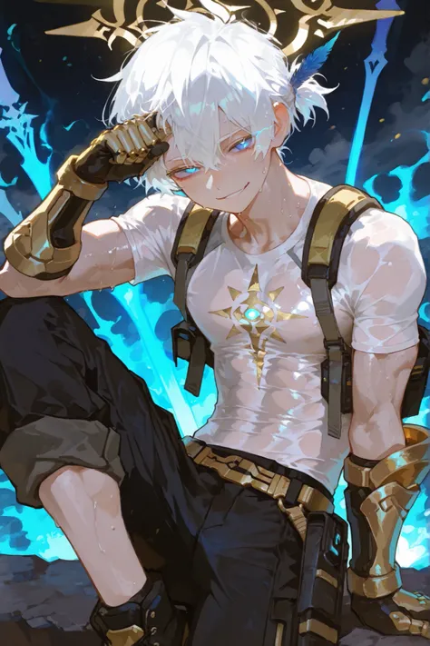 
1boy focus. young latino boy toned  white freckles 15 year old boy who is lean muscular body big manly chest , soft glowing fair dark  skin, white hair  messy spikey fade huge hairstyle fringe hair  sticking to forehead. big sparkling dark blue eyes , wea...