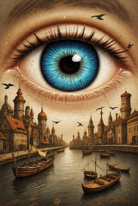 A detailed eye, vibrant blue,  juxtaposed with a stylized harbor scene of steampunk-inspired ships and buildings, rendered in a painterly, expressive style with sepia and brown tones, textured with watercolor-like brushstrokes and scattered speckles,  incl...