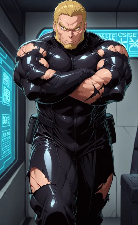 Isao shinomiya, male, mature, blonde hair, yellow beard, (1boy), buffed, serious, black latex suit, tight suit, crossed arms, sideways, big butt, crossed legs, standing, thick eyebrows, yellow eyes, (((torn bodysuit))), ((ripped bodysuit)), secret base, mi...