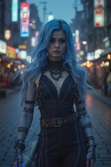 A stunning young woman with flowing electric blue hair, wearing an elaborate cosplay costume, standing confidently on a bustling city street at dusk. Photorealistic style, intricate costume details with dynamic fabric textures and ornate accessories. Soft ...