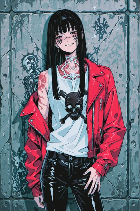 sole male, cyberpunk rocker boy, smiling, slender body, black long straight hair, black nails, death tattoos on body, body scars, burn marks on face, white punk sleeveless t shirt, black leather pants, red leather jacket, metal arm
