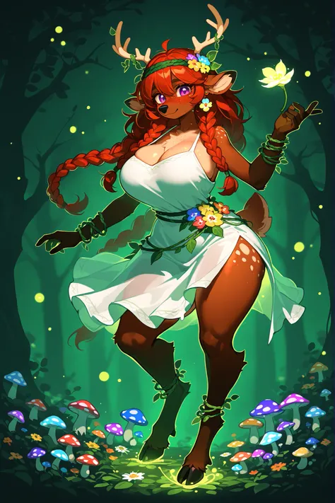 a female dryad,furry deer. She is tall, has huge breasts, wide hips and long legs. She has purple-red eyes. She has tanned skin covered with freckles. She has longest ginger-red kinky hair,some strands of hair are braided into sparse braids. She has deer e...