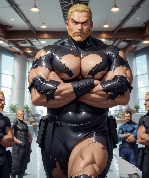 Isao shinomiya, male, mature, blonde hair, yellow beard, (1boy), (buffed body), serious, black latex suit, tight suit, crossed arms, sideways, big butt, crossed legs, standing, thick eyebrows, yellow eyes, (((torn bodysuit))), (((ripped bodysuit))), secret...