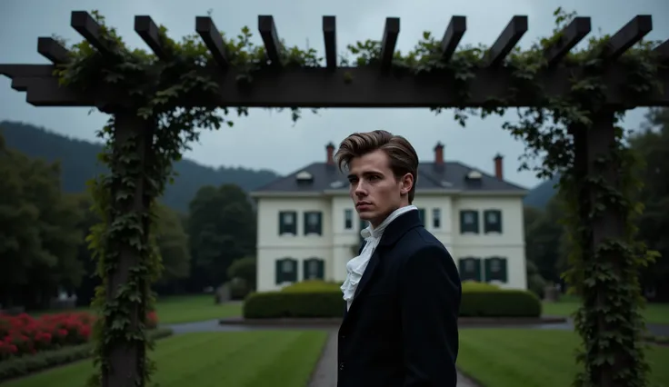 Arthur, a handsome young man, in 19th-century casual attire. The atmosphere thickens, illustrating the weight of Arthur's words, emphasizing their deep connection. He stands outside the mansion, sheltered by a pergola. It's raining and the end of the day, ...