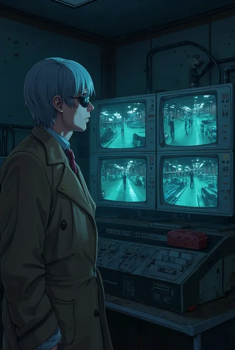 Anime-style illustration. A man with light lavender-gray hair, wearing a brown trench coat, a red tie, and a black pirate eyepatch over his left eye, stands in a small dimly lit security room. He is facing an old, thick computer monitor, which emits a flic...