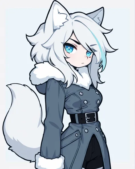 CartoonyIllustrious, adjusting clothes, shojo style, kemonomimi fox girl, arctic white fox ears and long fluffy tail, strong and confident expression, long silver-white hair with blue highlights, cold winter military-inspired outfit (high boots, thick belt...