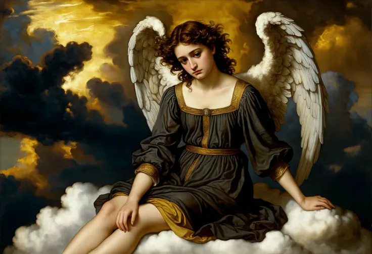 ((dark renaissance)) ((girl angel sadness)), One, ((, sitting on a cloud)), nimbus, Dark Clouds , , , half-turned gaze at the viewer , bowed head, tunic, curly brown hair, ((style of Nicolas de Cressy)), dark renaissance, gradient of aged yellowed canvas, ...