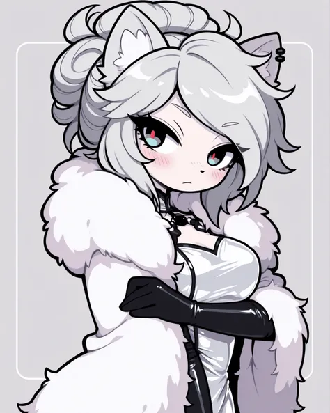 CartoonyIllustrious, close-up portrait of a kemonomimi arctic fox woman, elegant spy aesthetic, silver updo hairstyle, white fur coat over red satin dress, black leather gloves, piercing eyes, soft shojo anime style, solid pastel gray-blue background, clea...