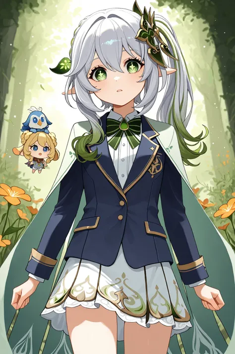 masterpiece, best quality, 1girl, Seul, nahida_genshin, pupilles en forme de croix, uniforme scolaire, cravate verte, blazer, round eye, cape verte, debout <lora:Nahida3:1>