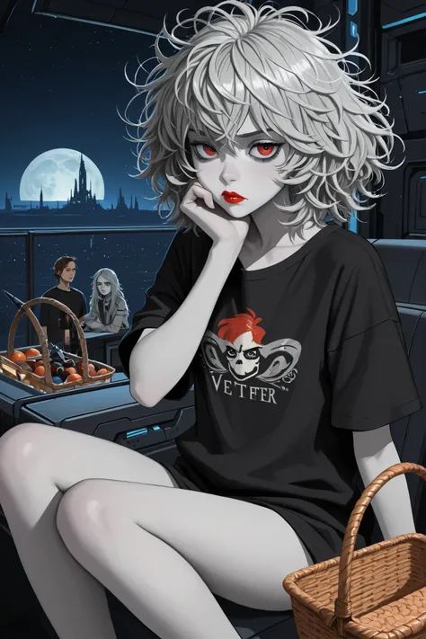 (Science-fiction fantastique), (masterpiece), (professional oil painting) (best quality), ( resolution 8k), (1 belle fille), ((pale grey skin)), (peau gris fer), ((vêtements en jean)),(veste rouge)), ((black T-shirt underneath), ((lipstick)), ((baskets noi...