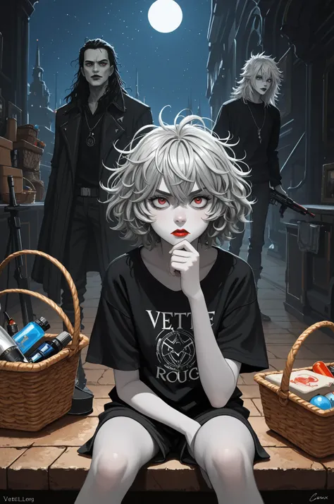 (Science-fiction fantastique), (masterpiece), (professional oil painting) (best quality), ( resolution 8k), (1 belle fille), ((pale grey skin)), (peau gris fer), ((vêtements en jean)),(veste rouge)), ((black T-shirt underneath), ((lipstick)), ((baskets noi...