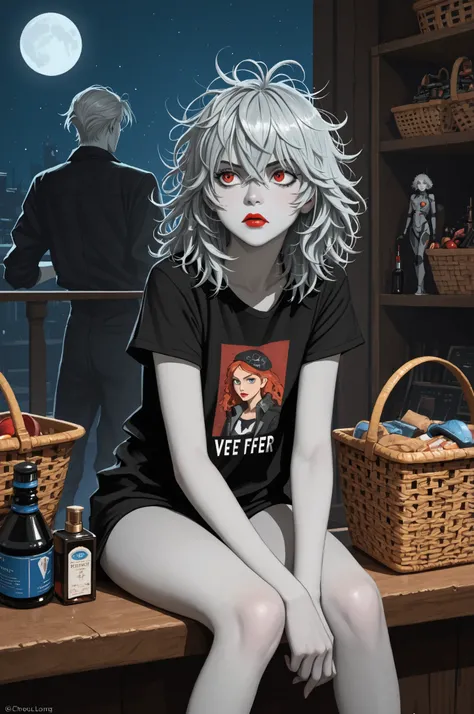 (Science-fiction fantastique), (masterpiece), (professional oil painting) (best quality), ( resolution 8k), (1 belle fille), ((pale grey skin)), (peau gris fer), ((vêtements en jean)),(veste rouge)), ((black T-shirt underneath), ((lipstick)), ((baskets noi...