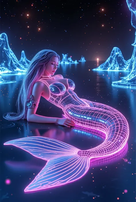 A serene sleeping siren reclines gracefully on a sleek, metallic shore beneath a glowing neon sky. Her form is an exquisite blend of myth and machine: smooth, translucent skin interlaced with glowing cybernetic circuitry pulsating softly beneath. Her iride...