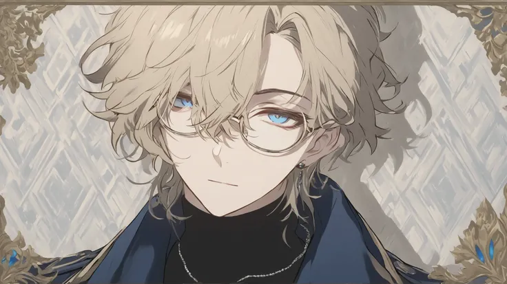 1male, bust, refined, anime-style, male character, androgynous, pale skin, short blond hair, messy bangs, vivid crystal blue eyes, oval-shaped thin rimmed glasses, calm expression, raised eyebrow, slightly confused face, slightly melancholic, black turtlen...
